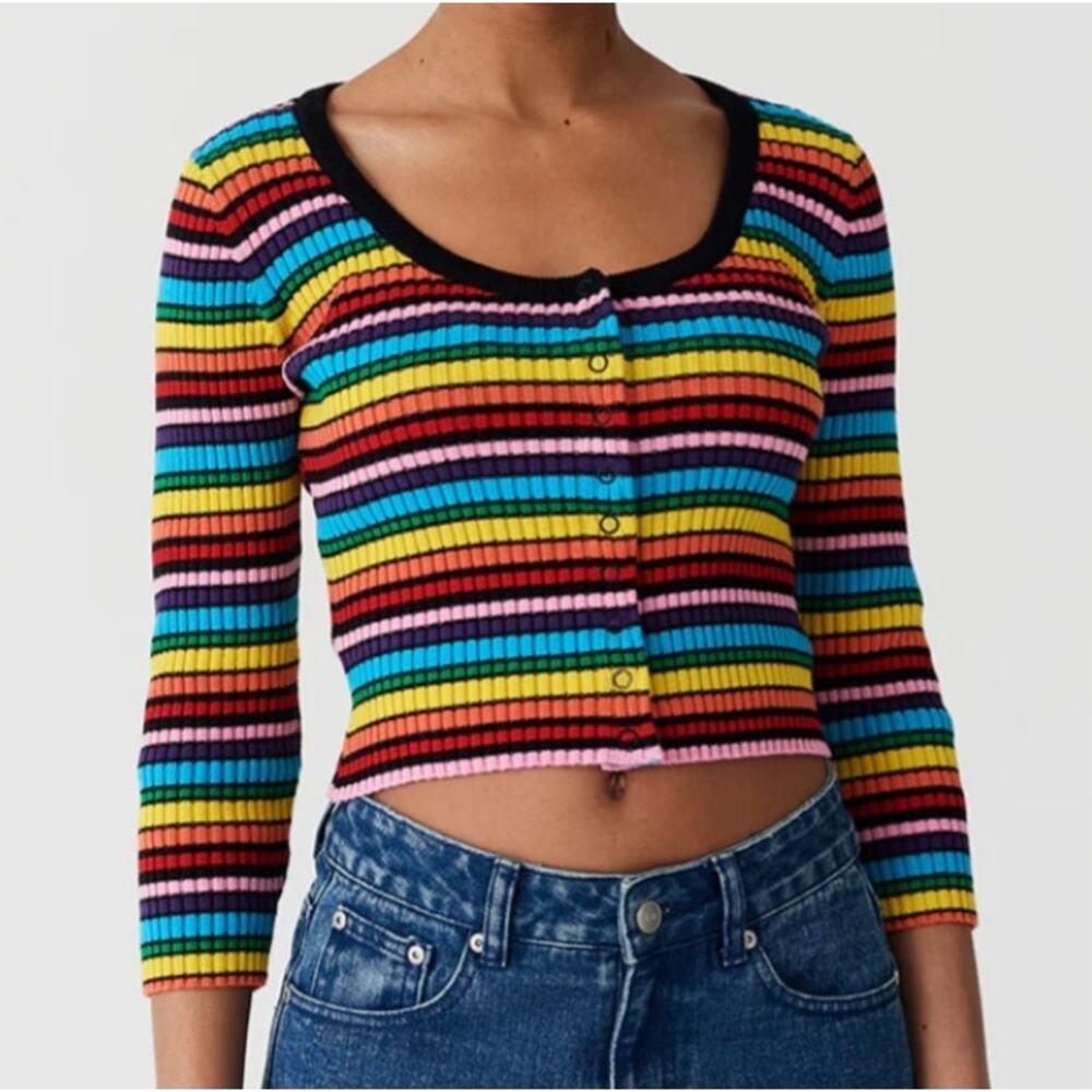 Lazy Oaf Rainbow Scoop Neck Striped Front Button Rib Knit Top Womens Size 14 EUC